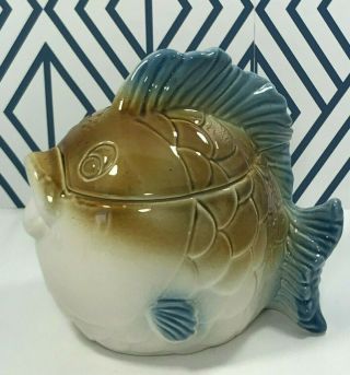 Vintage Koi Fish Small Candy Treat Cookie Jar Blue & Brown