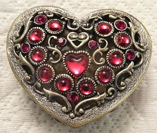 Enameled Pewter Jewelry Trinket Box - Heart Shaped W/ Red Rhinestones 3 "