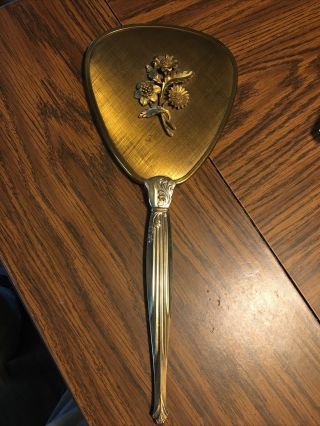 Vintage Brass Handheld Gold Tone Vanity Mirror With Flowers