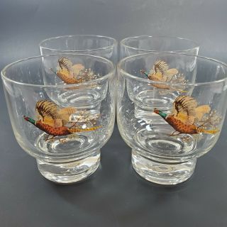 West Virginia Glass Specialty Footed Rocks Pheasant Glasses Set Of 4 Vtg Hunting