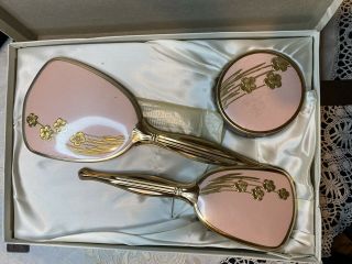 Vintage Metal Pink And Gold Vanity Dresser Set Brush Comb Mirror Powder