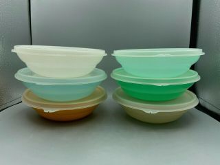 Vintage Tupperware Pastel Cereal Bowl Set Of (6) 155 With Tabbed Lids 227