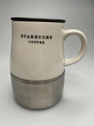 Starbucks Coffee Mug With Stainless Bottom 14oz 2008 White Ceramic Metal Cup Tea