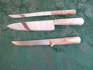 3 Vintage Dexter Stainless Wooden Handled Kitchen Knives