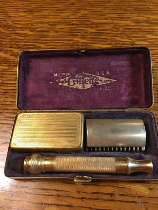 Very Vintage 1920’s Gillette Gold Travel Razor With Case -