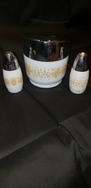 Vintage Retro Gemco Golden Butterfly Sugar Bowl Dispenser,  Salt & Pepper Shakers