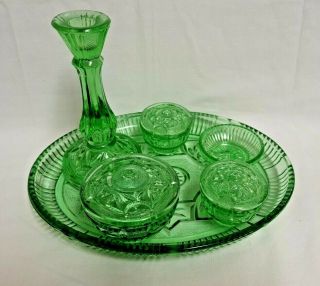Vintage 6 Piece Green Glass Dressing Table Set
