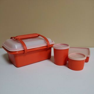 Vintage Tupperware Pak N Carry Lunch Box 1254 Paprika Orange Plastic 3 Container