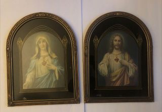Art Deco Framed Chromolithograph Prints Of Jesus And The Blessed Mother Mary