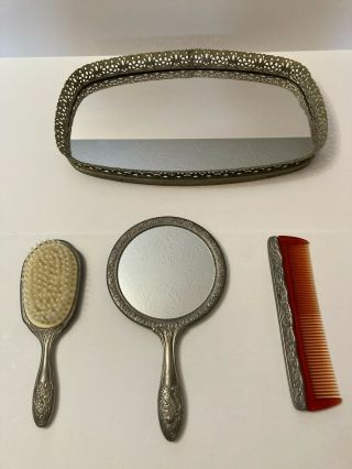 Vintage Vanity Mirror Tray With Heavy Brush Comb And Hand - Held Mirror