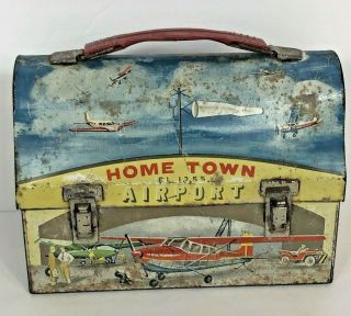 Vtg 1960 Home Town Airport Metal Dome Top Lunch Box By American Thermos