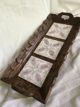 Vintage Wooden Hand Carved Ceramic Pink & Gray Tile Serving Tray W/ Wood Handles