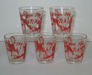 Set Of 5 " Down The Hatch " Vintage Shot Glasses Clear Glass Red Monkeys Chimps