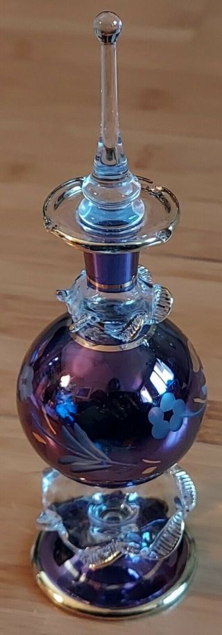 Vintage Hand - Blown,  Hand - Painted Purple Perfume Bottle With Glass Stopper