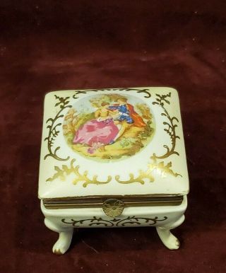 Vintage Footed Trinket Box Courting Couple Gold Accents