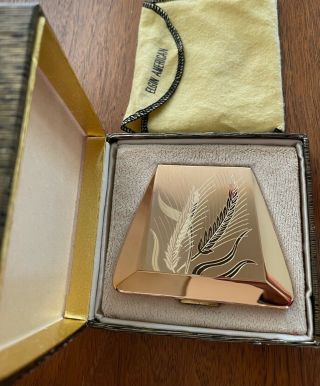 Vintage Elgin American Gold Tone Wheat Pattern Compact With Pouch & Box