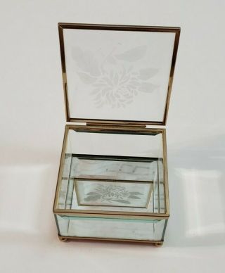 Vintage Glass Brass Trinket Jewelry Box Etched Flower 2