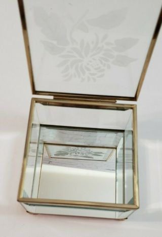 Vintage Glass Brass Trinket Jewelry Box Etched Flower 3