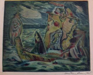 Mortimer Borne Drypoint Etching In Color Madonna At Sea Signed & Dated 1945
