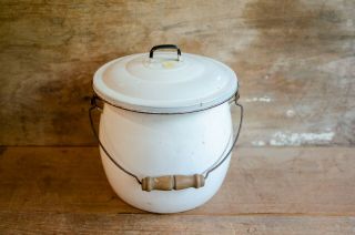 Vintage White Enamelware Bucket/pail /chamber Pot With Lid,  Handle