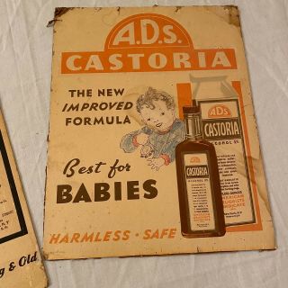 Vintage Medicine A.  D.  S.  Castoria Baby Laxative & Cocil - Co Cough Syrup Ads Signs 3