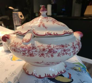 Large Vintage Red & White Ceramic Footed Soup Tureen
