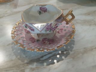 Royal Halsey Very Fine Footed Tea Cup & Saucer Pink Gold,  Floral Euc