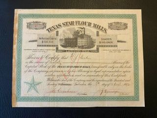 1892 Texas Star Flour Mills Stock Cert.  Rare Tx History Signed Reymershoffer