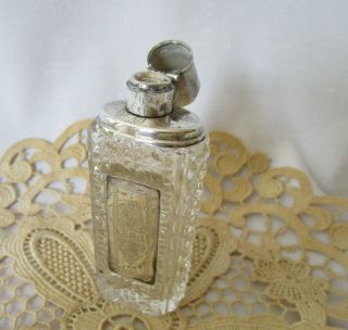 Vintage Cut Crystal Silver Plate Etched Plaque Hinge Top Scent Perfume Bottle