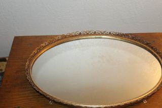 Vintage Gilt Ornate Oval Footed Dresser Vanity Tray With Mirror