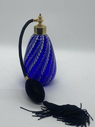 Gorgeous Vintage Hand Blown Art Glass Perfume Bottle W/ Atomizer & Tassel