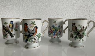Royal Crown Porcelain Pedestal Gold Trim Vintage Bird Coffee Tea Cups Set Of 4