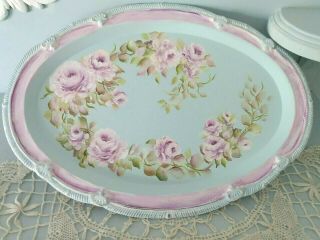 Oval Aqua/lavender Tray Hp Cottage Chic Shabby French Country Hand Painted