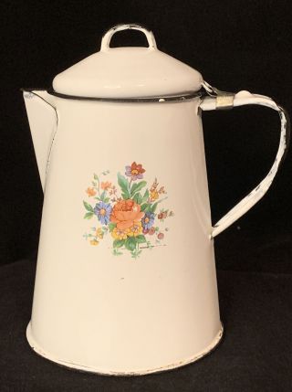 Vintage White Enamelware Coffee Pot With Flowers & Black Trim 8” Tall