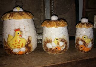 Set Of 3 Sears 70’s Chicken,  Chicks,  Eggs 2 Canister/jar And 1 Salt Shaker Mcm