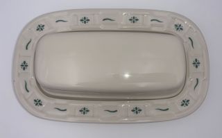 Longaberger Pottery Woven Traditions Green/ivory Covered Butter Dish Made In Usa