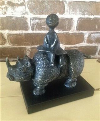 Graciela Rodo Boulanger Girl On A Rhino Bronze Sculpture 1969 Signed