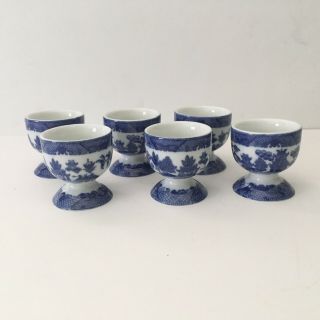 Set Of 6 Asian Egg Cups Blue White Ceramic 2” Pagoda Vintage