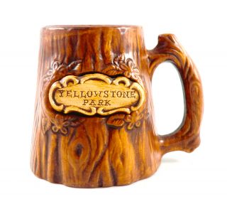 Vintage Rare Treasure Craft Yellowstone Park Tree Trunk Mug Cup Glass Wood