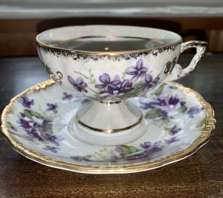 Vintage Royal Sealy Japan Tea Cup & Saucer Lusterware - Purple Violets With Gold