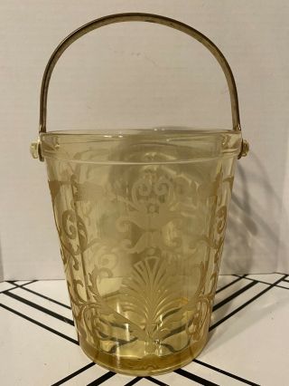 Vintage Yellow Glass Ice Bucket With Etched Design With Metal Handle