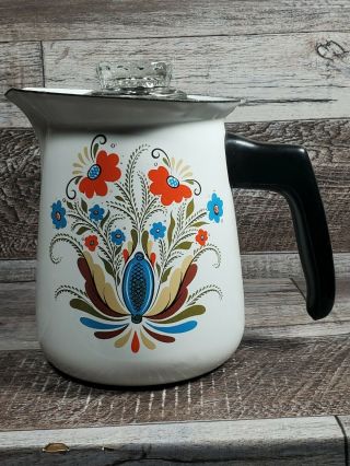Vintage Swedish Porcelain Enamelware Coffee Pot Percolator Folk Art 5 Cup