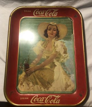 Vintage Coca - Cola Advertising Metal Serving Tray 1938 Girl In Yellow Dress