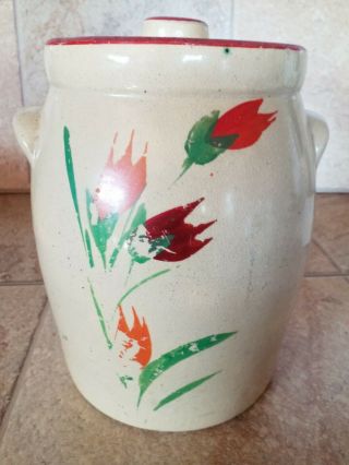 Old Antique Vintage Stoneware Crock Pottery Cookie Jar Hand Painted Flowers