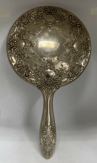 Heavy Vintage Antique Silver Plated Ornate Vanity Hand Mirror 9.  5 " X 5.  25 "