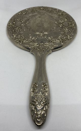 Heavy Vintage Antique Silver Plated Ornate Vanity Hand Mirror 9.  5 