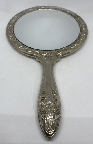 Heavy Vintage Antique Silver Plated Ornate Vanity Hand Mirror 9.  5 