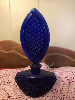 Vintage Perfume Bottle Cobalt Blue Glass Art Deco Fan Shape