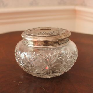 Vintage Cut Glass Silver Topped Hair Receiver Vanity Jar - Cover