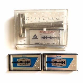 Vintage 1960s Gilette Adjustable Safety Razor With Blades & Box Made In Usa